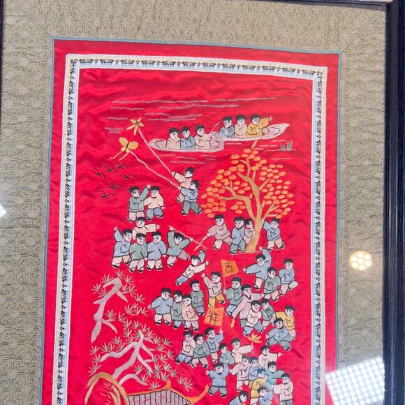 Vintage Chinese Silk Tapestry Embroidered Boats Kids Professionally Matted Frame - Picture 3 of 15
